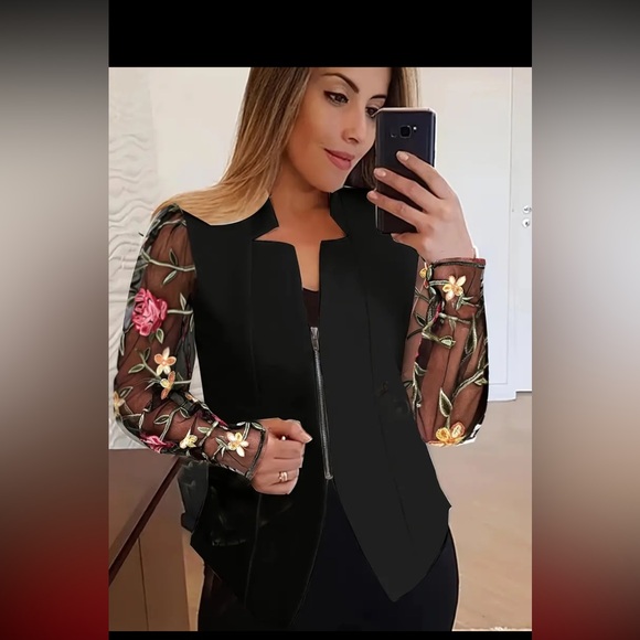 140. Floral Embroidered Open Front Blazer, Elegant Long Sleeve Blazer For - Picture 1 of 3